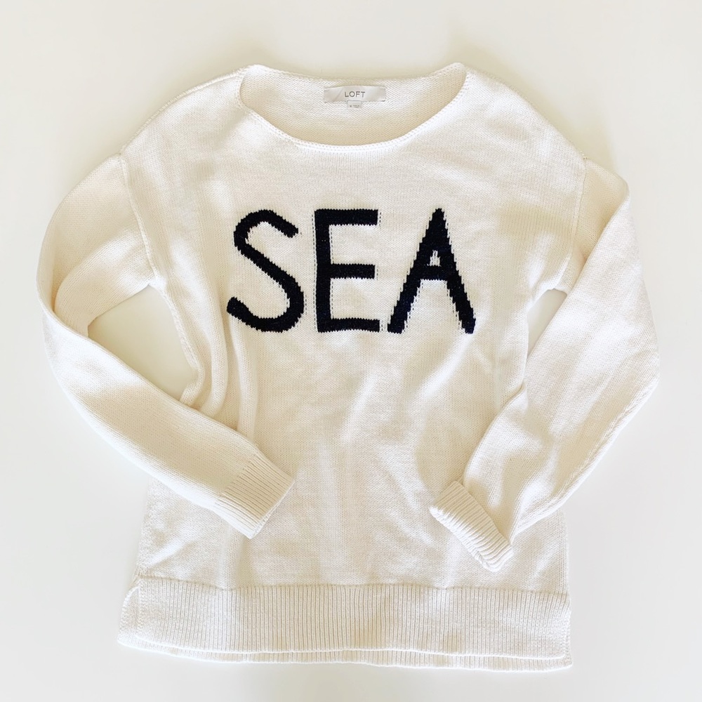 Loft Brand, Coastal Sweater, Off-White w/Navy Blue Letters, Women’s size Medium